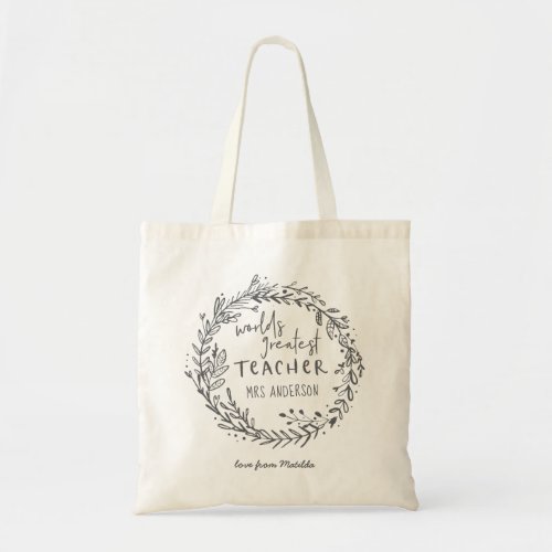 world greatest teacher modern minimal wreath tote bag
