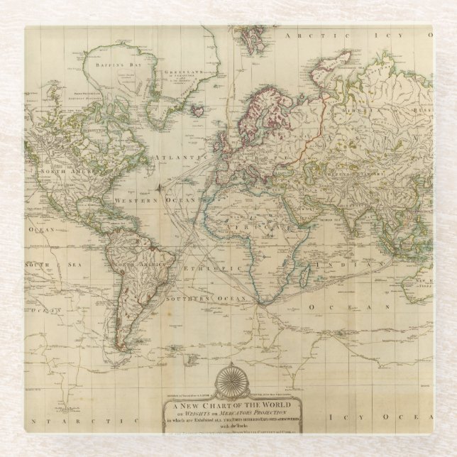 World Hand Colored map Glass Coaster (Front)