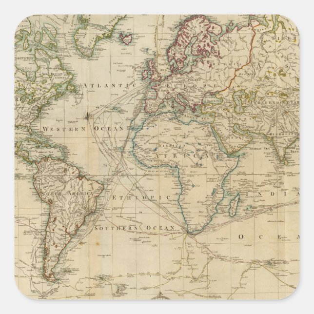 World Hand Colored map Square Sticker (Front)