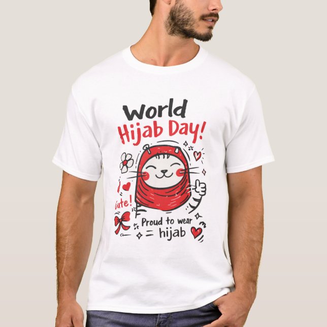 World Hijab Day Cute Cat Illustration – Proud to W T-Shirt (Front)