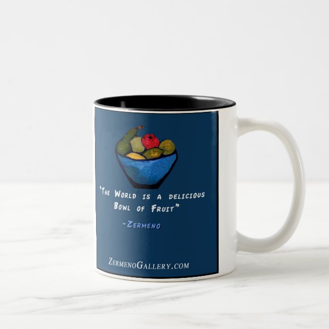 "World is a Bowl of Fruit" by Zermeno Two-Tone Coffee Mug (Right)