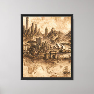 World Landmarks Sepia Ink Wash Illustration — Canvas Print