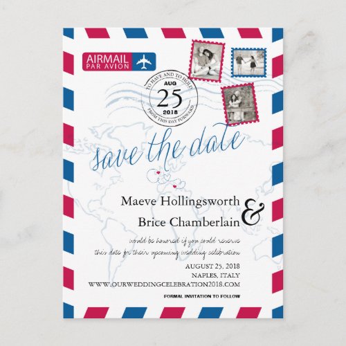 World Locations Airmail Save The Date Announcement Postcard