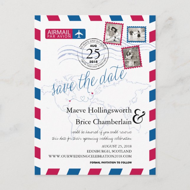 World Locations Airmail Save The Date Announcement Postcard (Front)