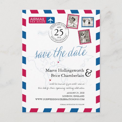World Locations England Airmail Save the Date Announcement Postcard