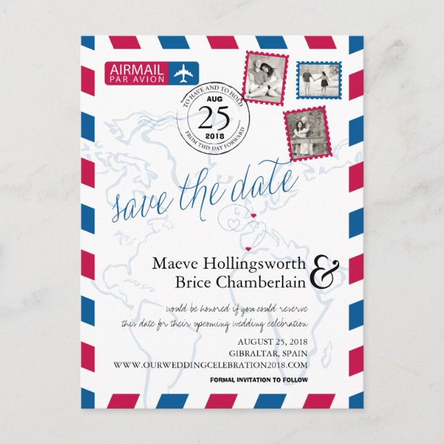 World Locations UK-Gibraltar Airmail Save the Date Announcement Postcard (Front)