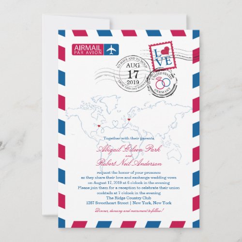 World Locations USA and Germany Airmail  Wedding Invitation