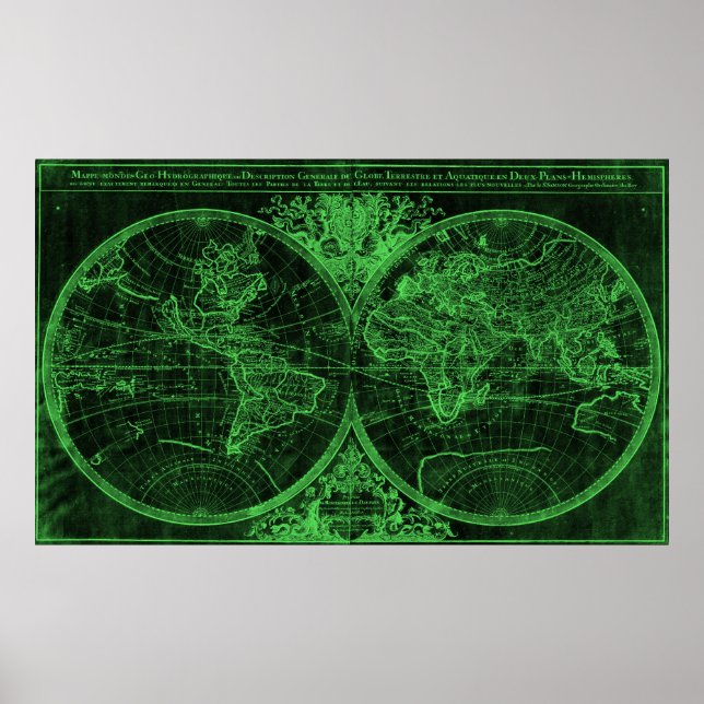 World Map (1691) Black & Green Poster (Front)