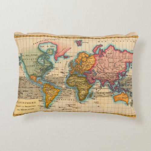 World Map 1700s Antique Continents  Accent Pillow