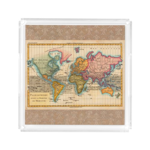 World Map 1700s Antique Continents  Acrylic Tray