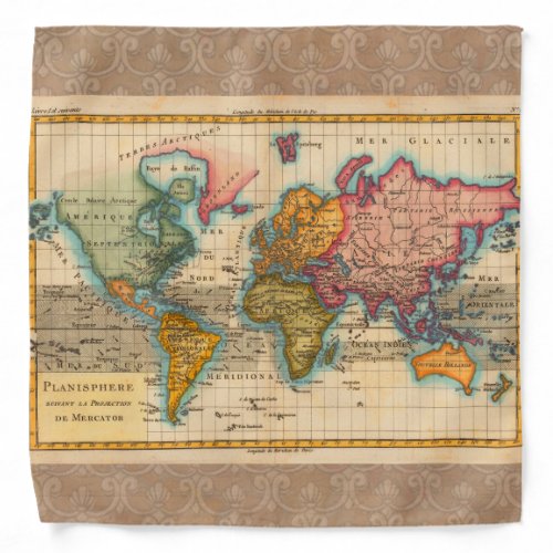 World Map 1700s Antique Continents  Bandana