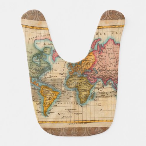 World Map 1700s Antique Continents  Bib