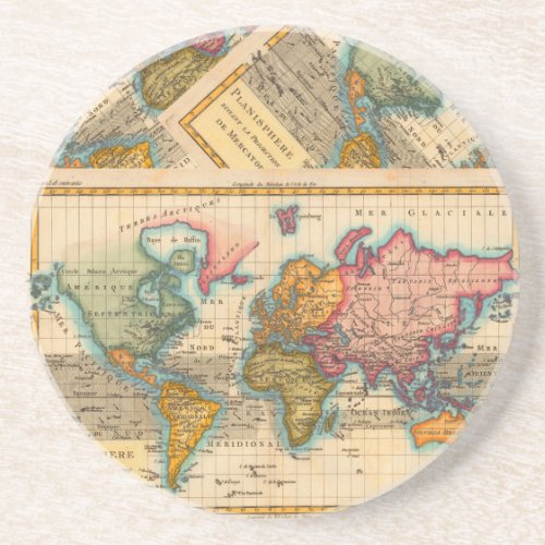 World Map 1700s Antique Continents  Coaster