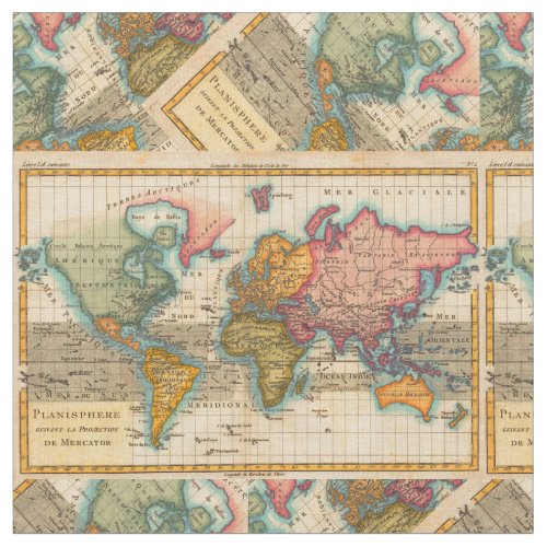 World Map 1700s Antique Continents  Fabric