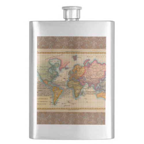 World Map 1700s Antique Continents  Flask