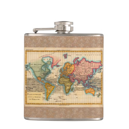 World Map 1700s Antique Continents  Flask