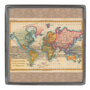 World Map 1700s Antique Continents Gunmetal Finish Lapel Pin