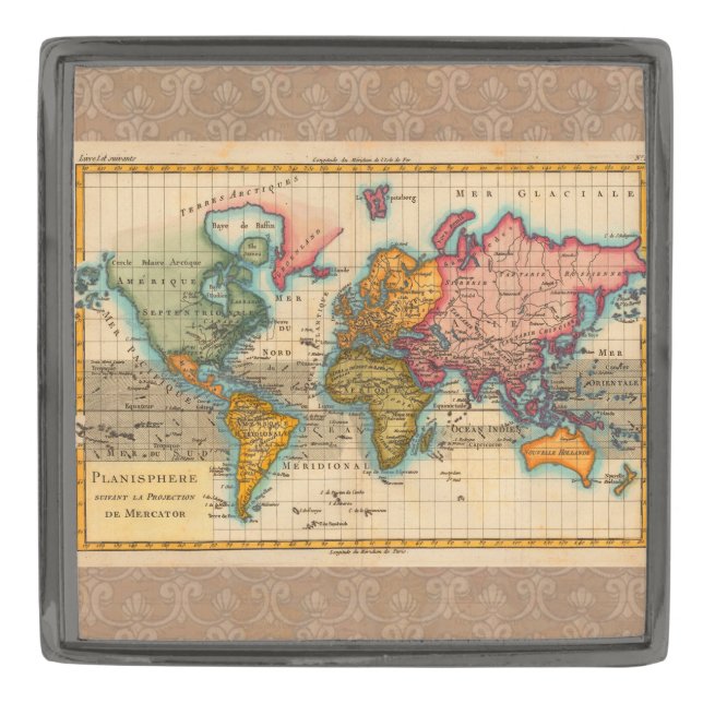 World Map 1700s Antique Continents  Gunmetal Finish Lapel Pin (Front)