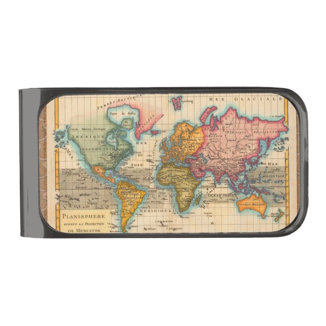 World Map 1700s Antique Continents  Gunmetal Finish Money Clip (Front)