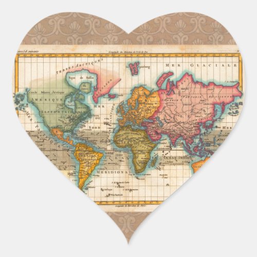 World Map 1700s Antique Continents  Heart Sticker