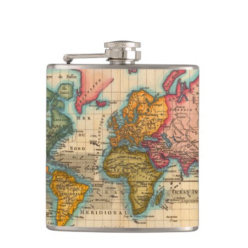 World Map 1700s Antique Continents  Hip Flask