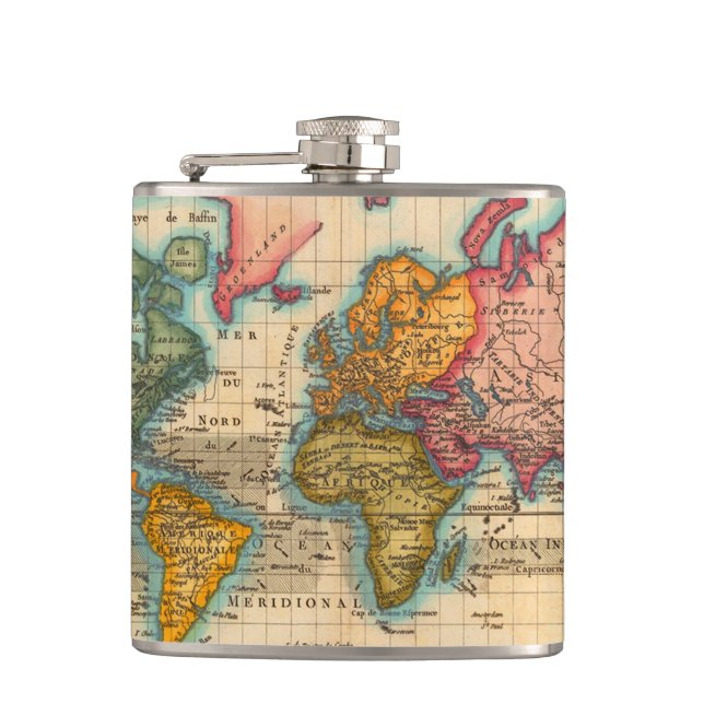World Map 1700s Antique Continents  Hip Flask (Front)