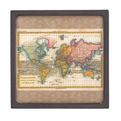 World Map 1700s Antique Continents  Jewelry Box