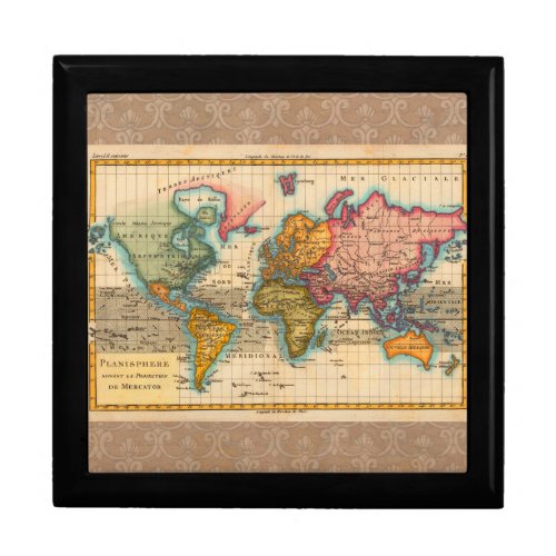 World Map 1700s Antique Continents  Keepsake Box