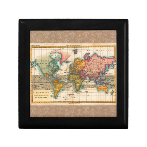 World Map 1700s Antique Continents  Keepsake Box