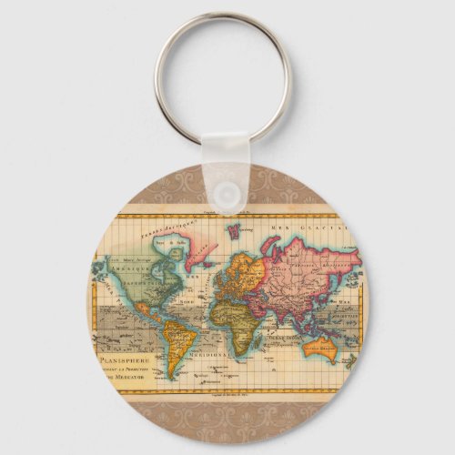 World Map 1700s Antique Continents  Keychain