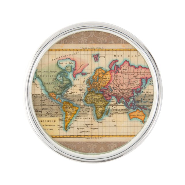 World Map 1700s Antique Continents  Lapel Pin (Front)