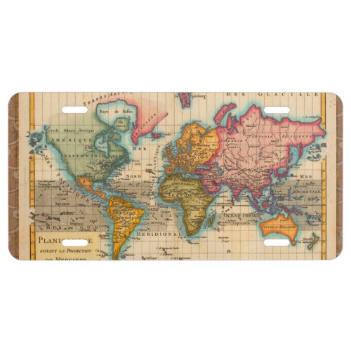 World Map 1700s Antique Continents  License Plate