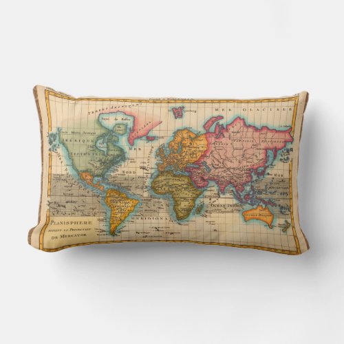 World Map 1700s Antique Continents  Lumbar Pillow