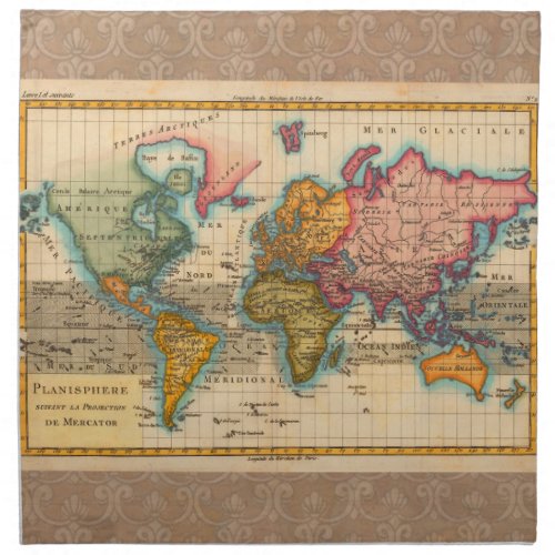 World Map 1700s Antique Continents  Napkin