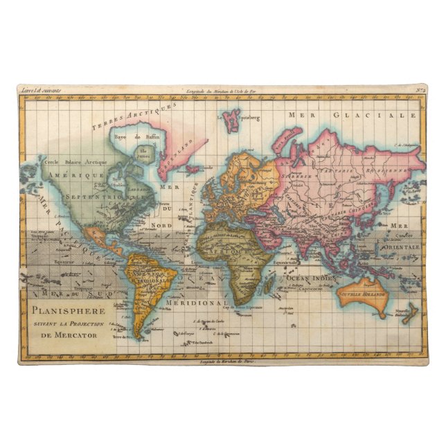 World Map 1700s Antique Continents  Placemat (Front)