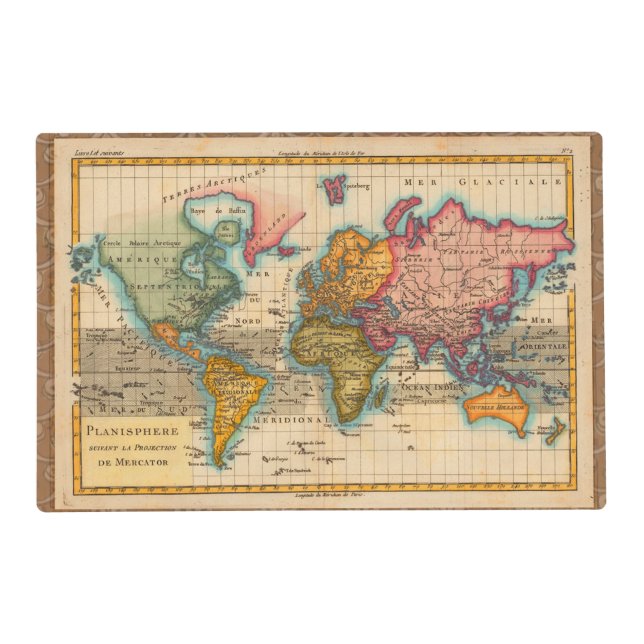 World Map 1700s Antique Continents  Placemat (Front)