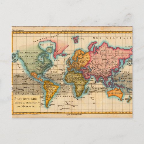 World Map 1700s Antique Continents  Postcard