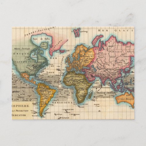 World Map 1700s Antique Continents  Postcard