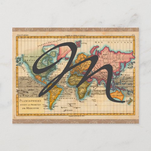 World Map 1700s Antique Continents  Postcard