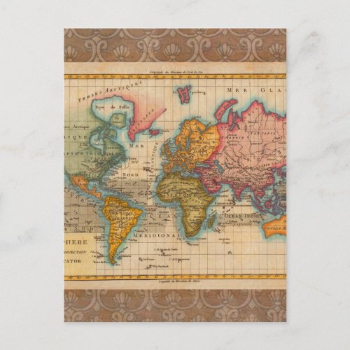 World Map 1700s Antique Continents  Postcard