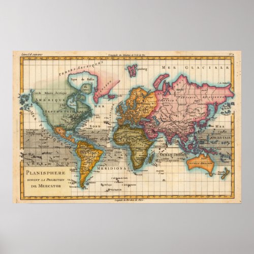 World Map 1700s Antique Continents  Poster