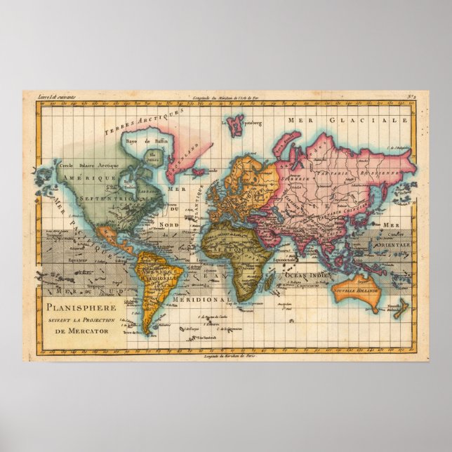 World Map 1700s Antique Continents  Poster (Front)