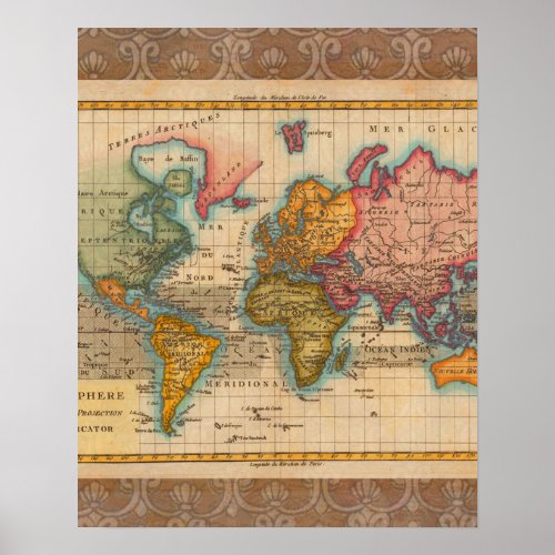 World Map 1700s Antique Continents  Poster