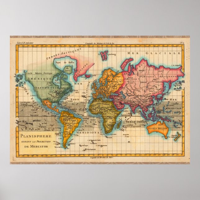 World Map 1700s Antique Continents  Poster (Front)