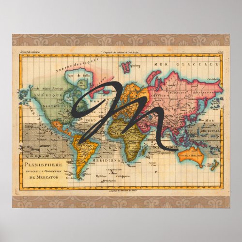 World Map 1700s Antique Continents  Poster