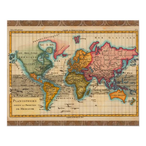 World Map 1700s Antique Continents  Poster