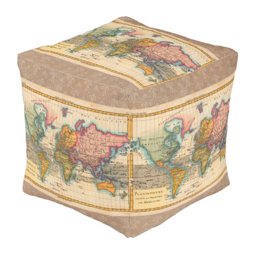 World Map 1700s Antique Continents  Pouf