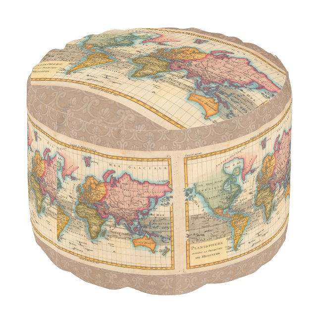 World Map 1700s Antique Continents  Pouf (Angled Back)