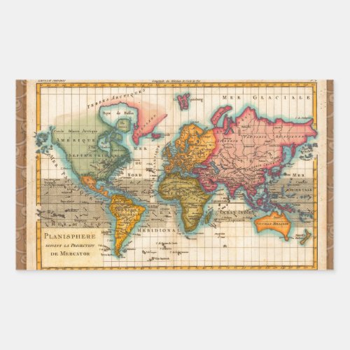 World Map 1700s Antique Continents  Rectangular Sticker