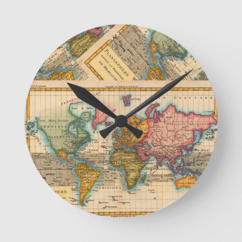 World Map 1700s Antique Continents  Round Clock